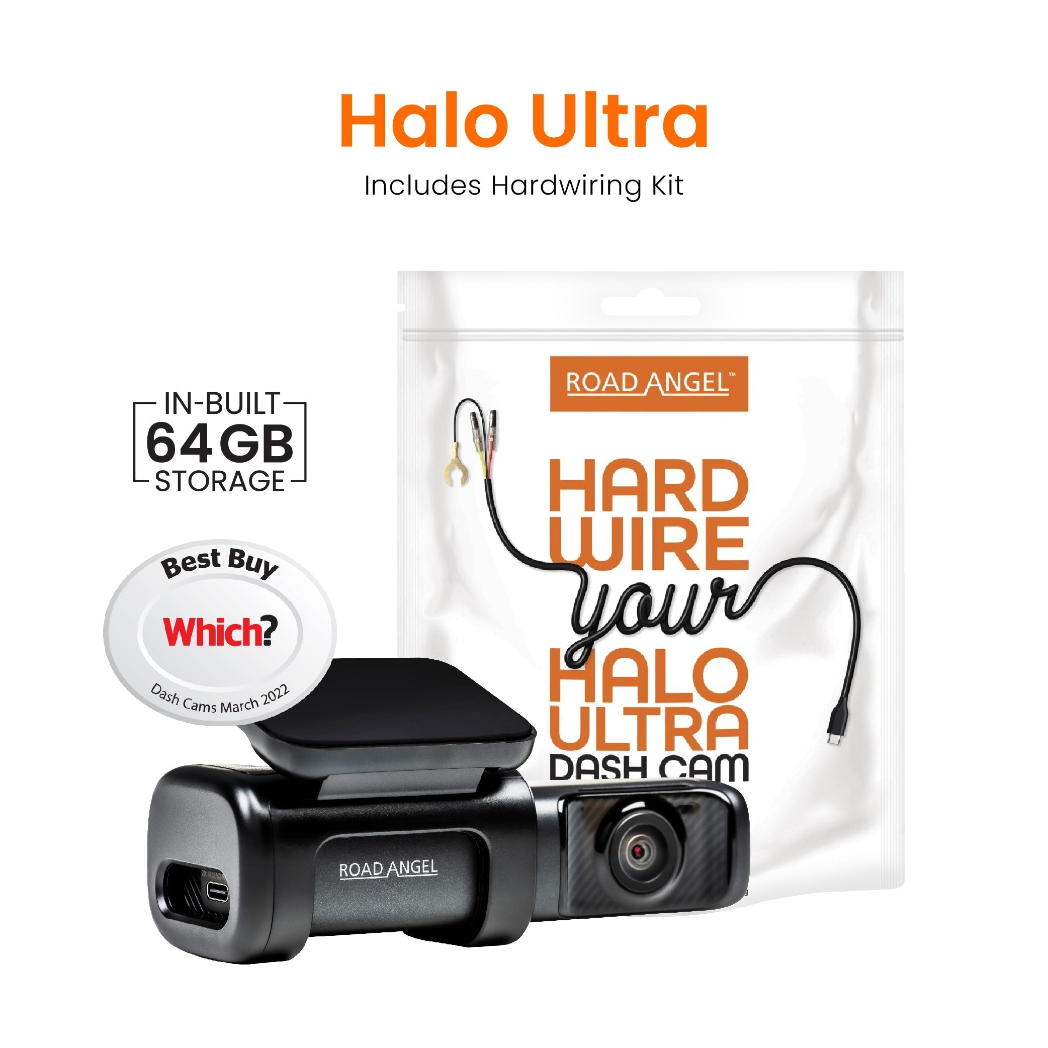 Road Angel Halo Ultra 4K Dashcam mit Festverdrahtungssatz & internem 64-GB-SSD-Speicher