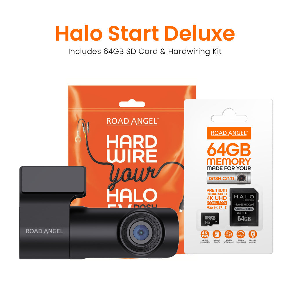 2025 Road Angel Halo Start 2 Deluxe 1080p Full HD Kompakt-Dashcam mit Schnellwechselhalterung, 64-GB-SD-Karte & Festverdrahtungssatz