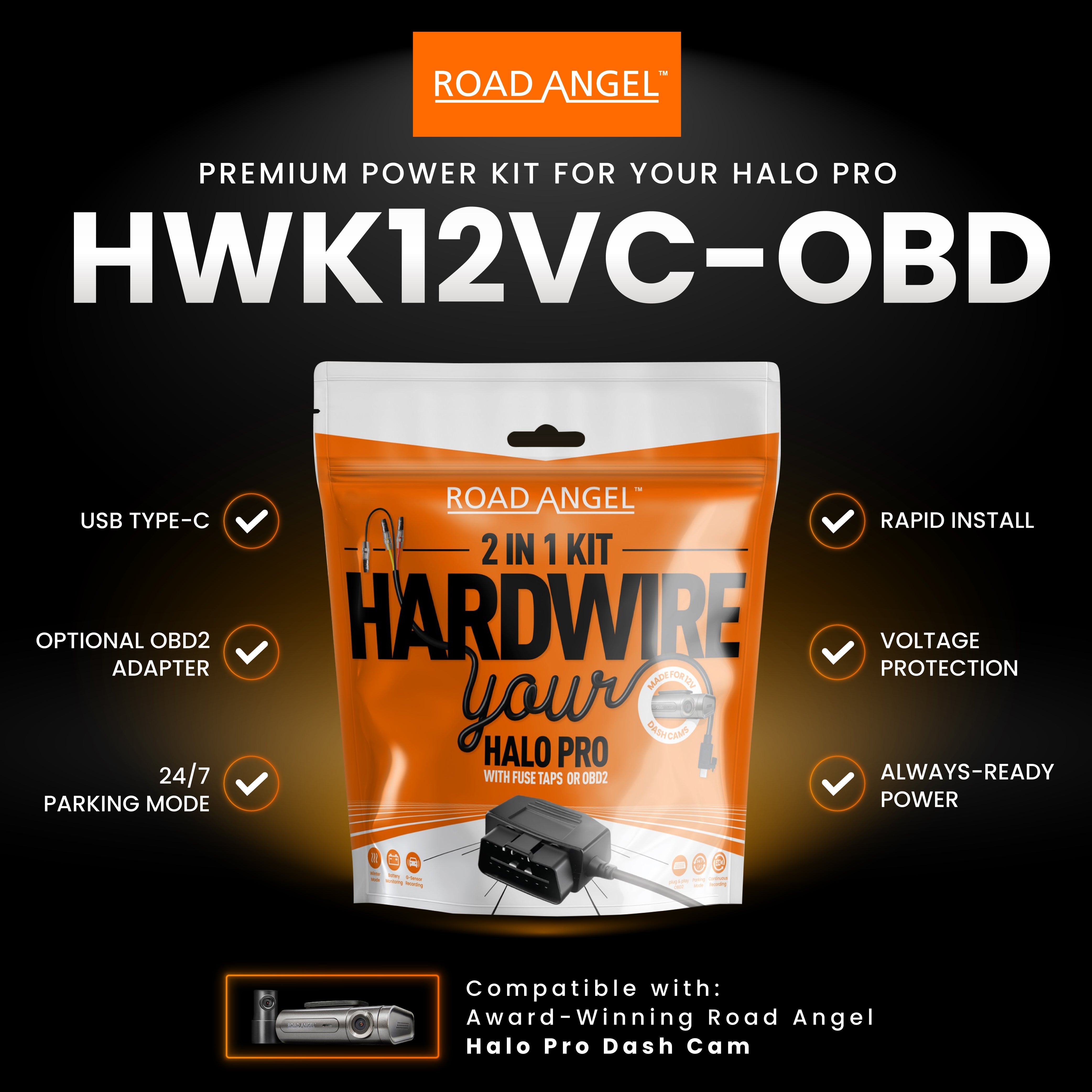 HWK12VC-OBD Road Angel Halo Pro Dashcam 12V 2-in-1 Festverdrahtungssatz mit USB Typ-C, Sicherungsabgriffen & OBD2