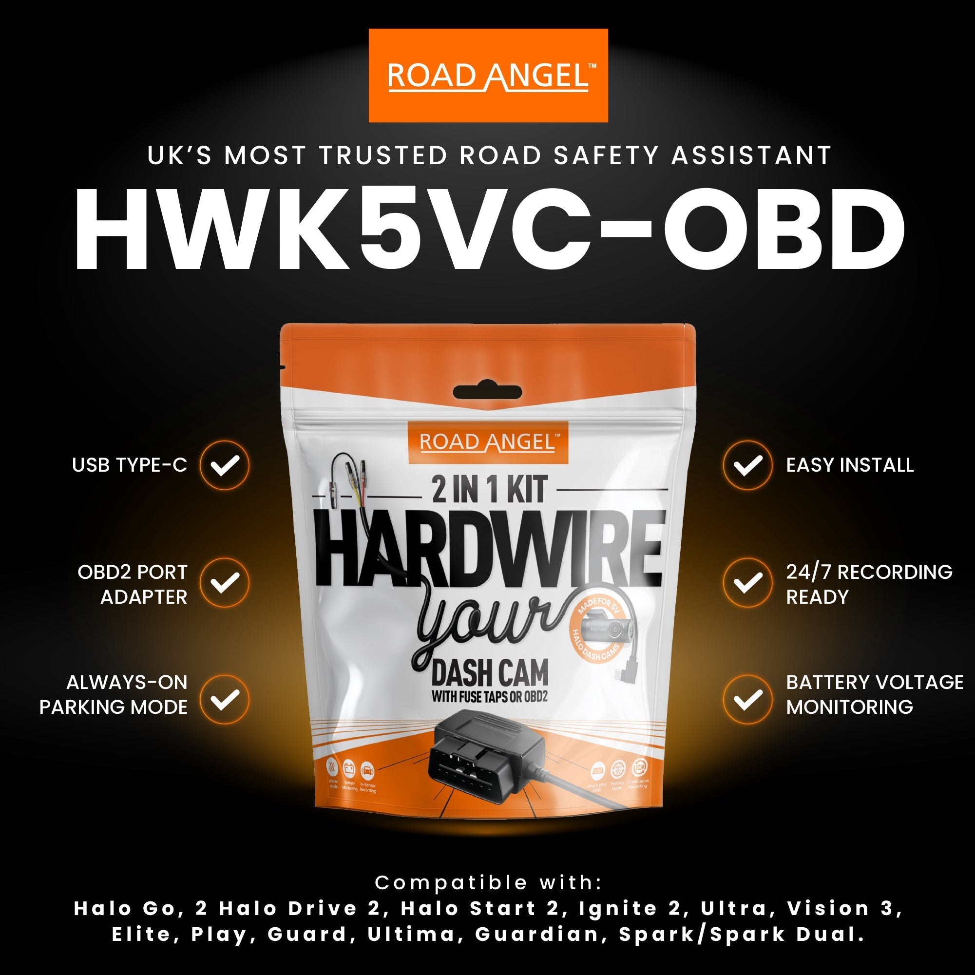 HWK5VC-OBD Road Angel Halo Dashcam 5V 2-in-1 Festverdrahtungssatz mit USB Typ-C, Sicherungsabgriffen & OBD2