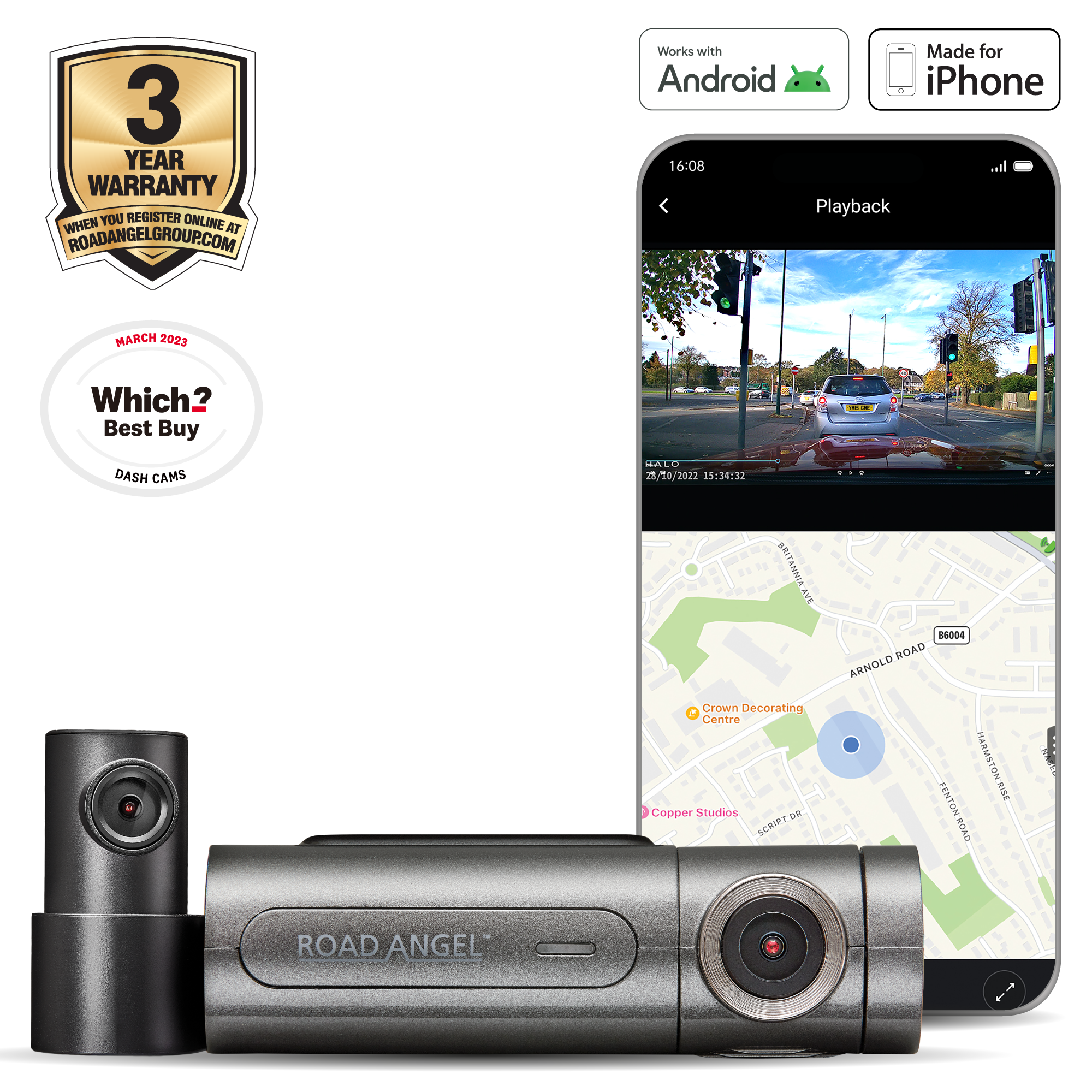 Road Angel Halo Pro 2K Front- & 1K Heck-Dashcam mit Dual-Parkmodus