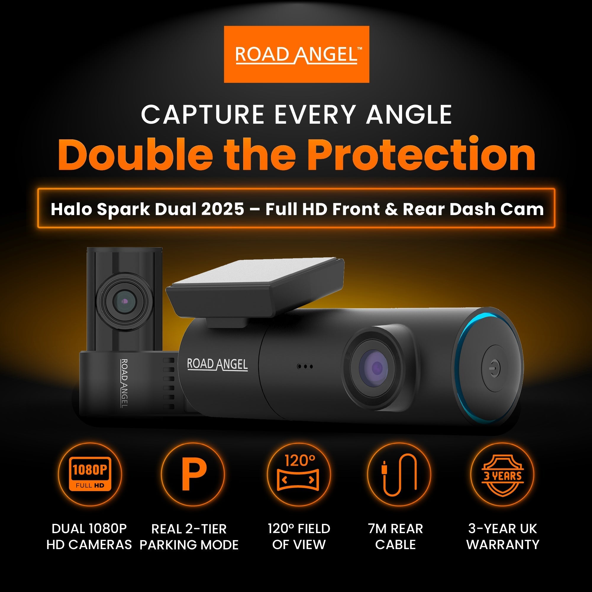 Halo Spark Dual Full HD 1080p Front- & Heck-Dashcam mit Dual-Parkmodus & Wintermodus (USB-C), 64-GB-SD-Karte & Festverdrahtungssatz