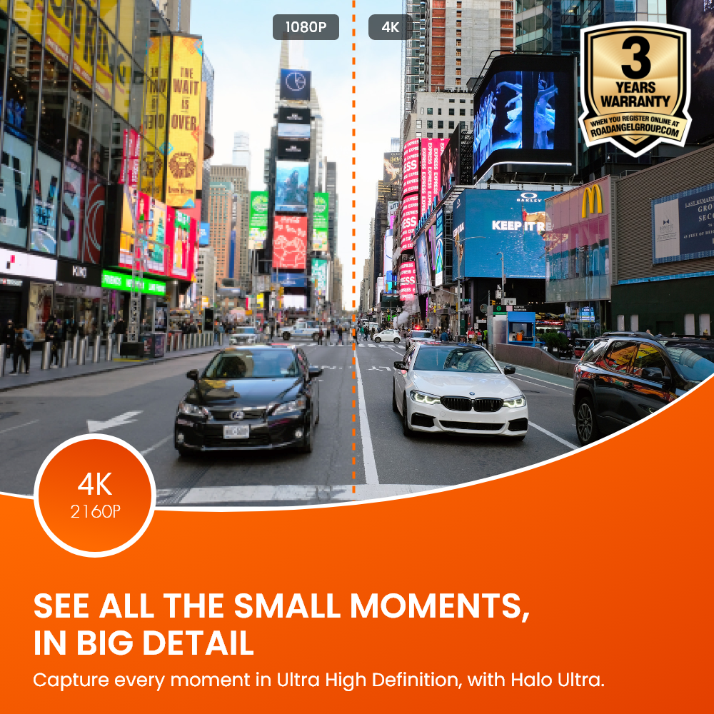 Road Angel Halo Ultra 4K Dashcam mit Festverdrahtungssatz & internem 64-GB-SSD-Speicher