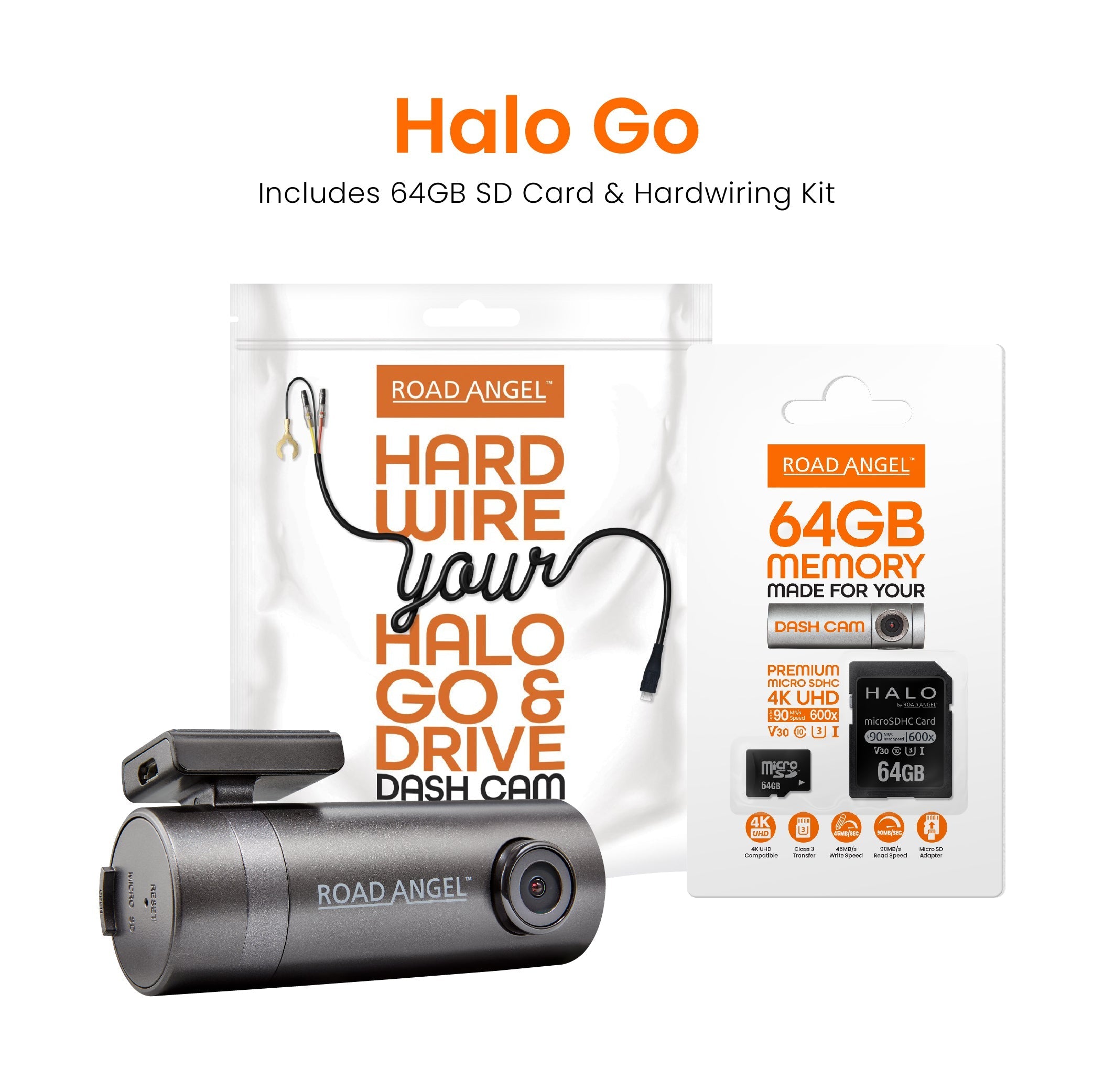 Road Angel Halo Go Kompakt-Dashcam mit SD-Karte & Festverdrahtungssatz im Bundle