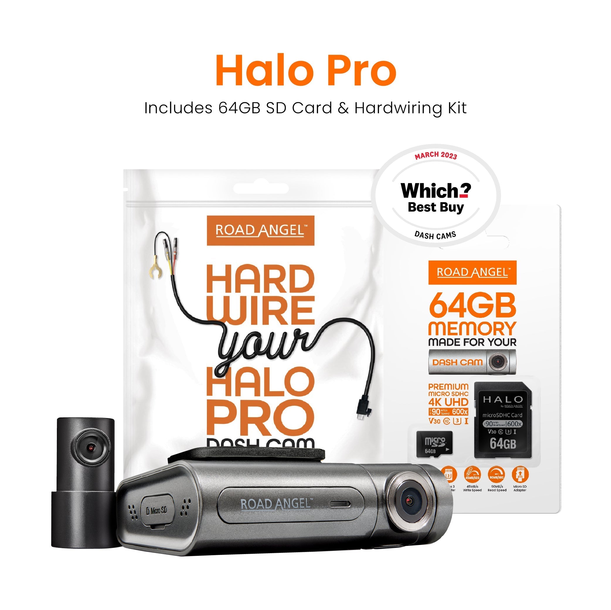 Road Angel Halo Pro Front- & Heck-Dashcam mit SD-Karte & Festverdrahtungssatz im Bundle