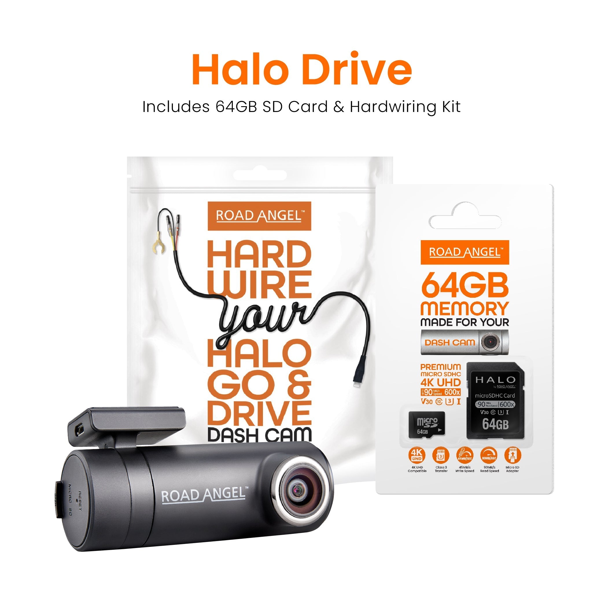 Road Angel Halo Drive 2 2K Kompakt-Dashcam mit SD-Karte & Festverdrahtungssatz im Bundle