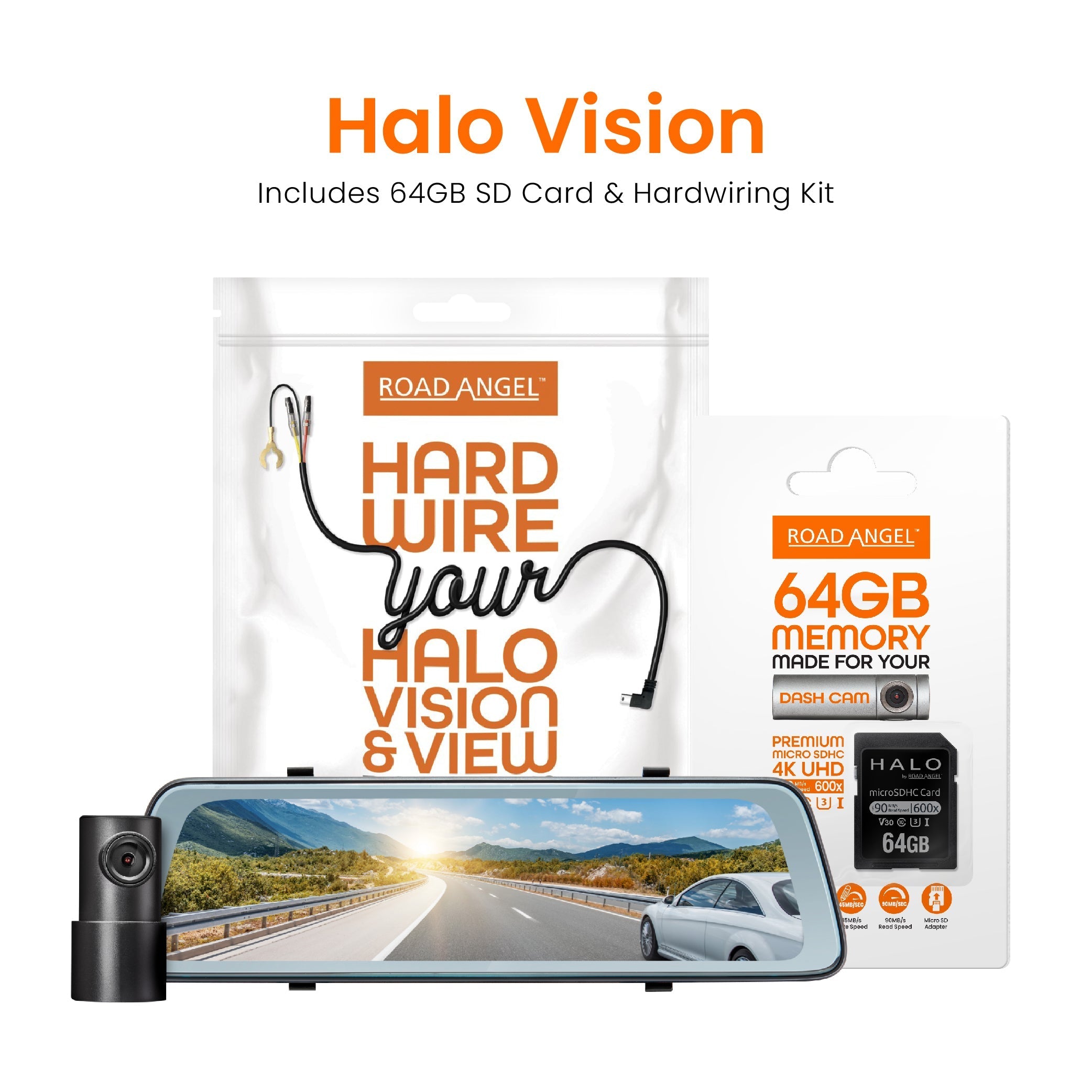 Road Angel Halo Vision 2 Rückspiegel-Dashcam mit SD-Karte & Festverdrahtungssatz im Bundle