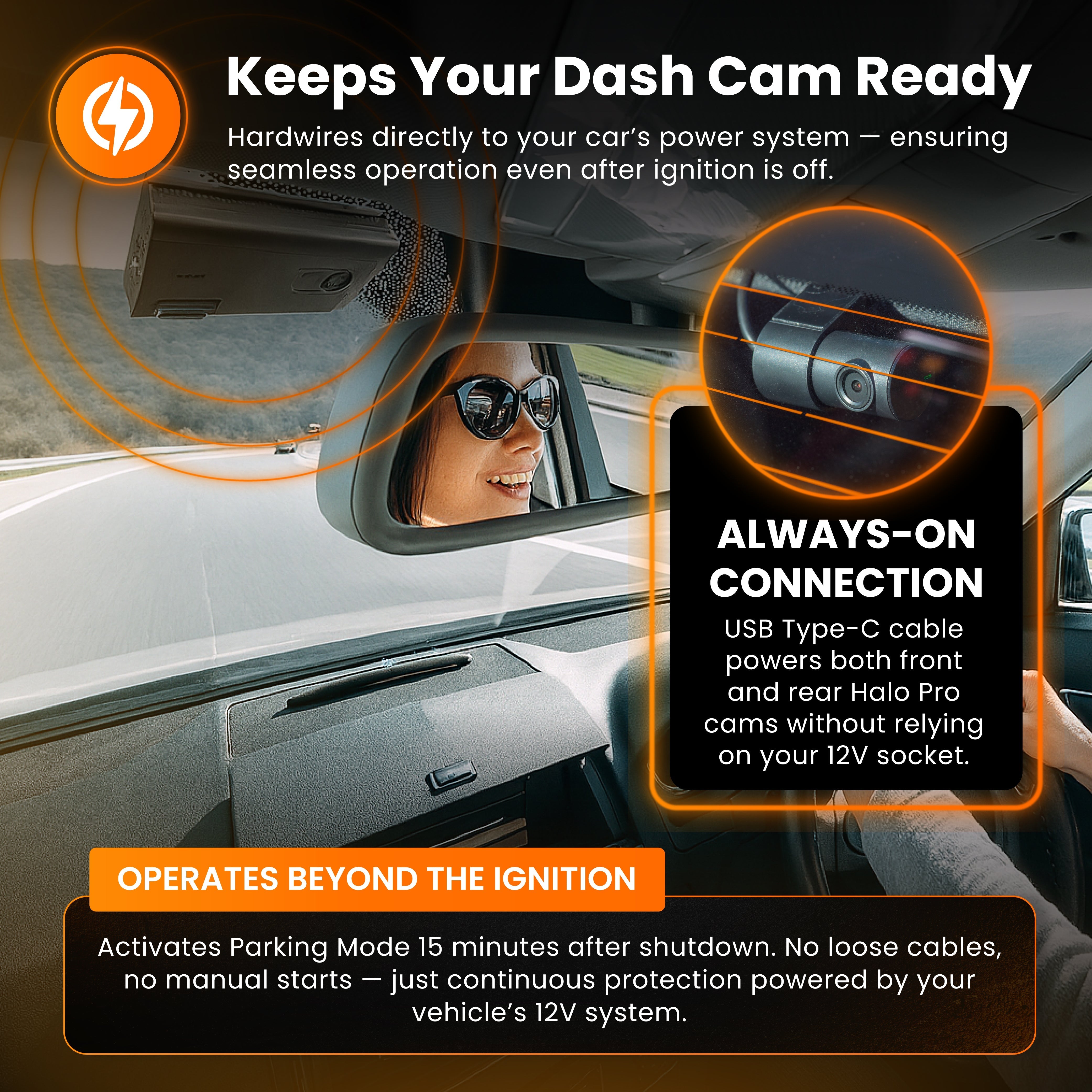 HWK12VC-OBD Road Angel Halo Pro Dashcam 12V 2-in-1 Festverdrahtungssatz mit USB Typ-C, Sicherungsabgriffen & OBD2