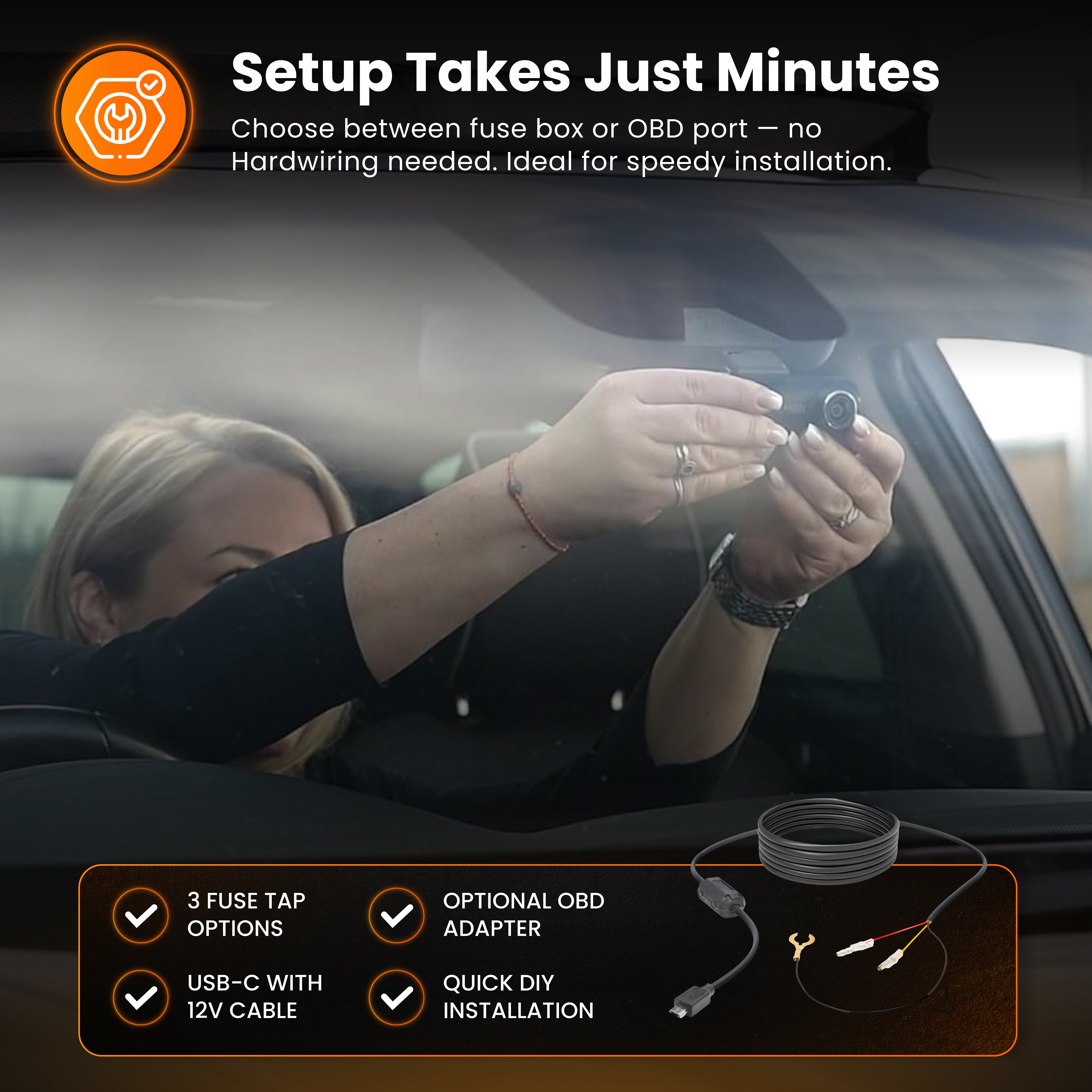 HWK12VC-OBD Road Angel Halo Pro Dashcam 12V 2-in-1 Festverdrahtungssatz mit USB Typ-C, Sicherungsabgriffen & OBD2
