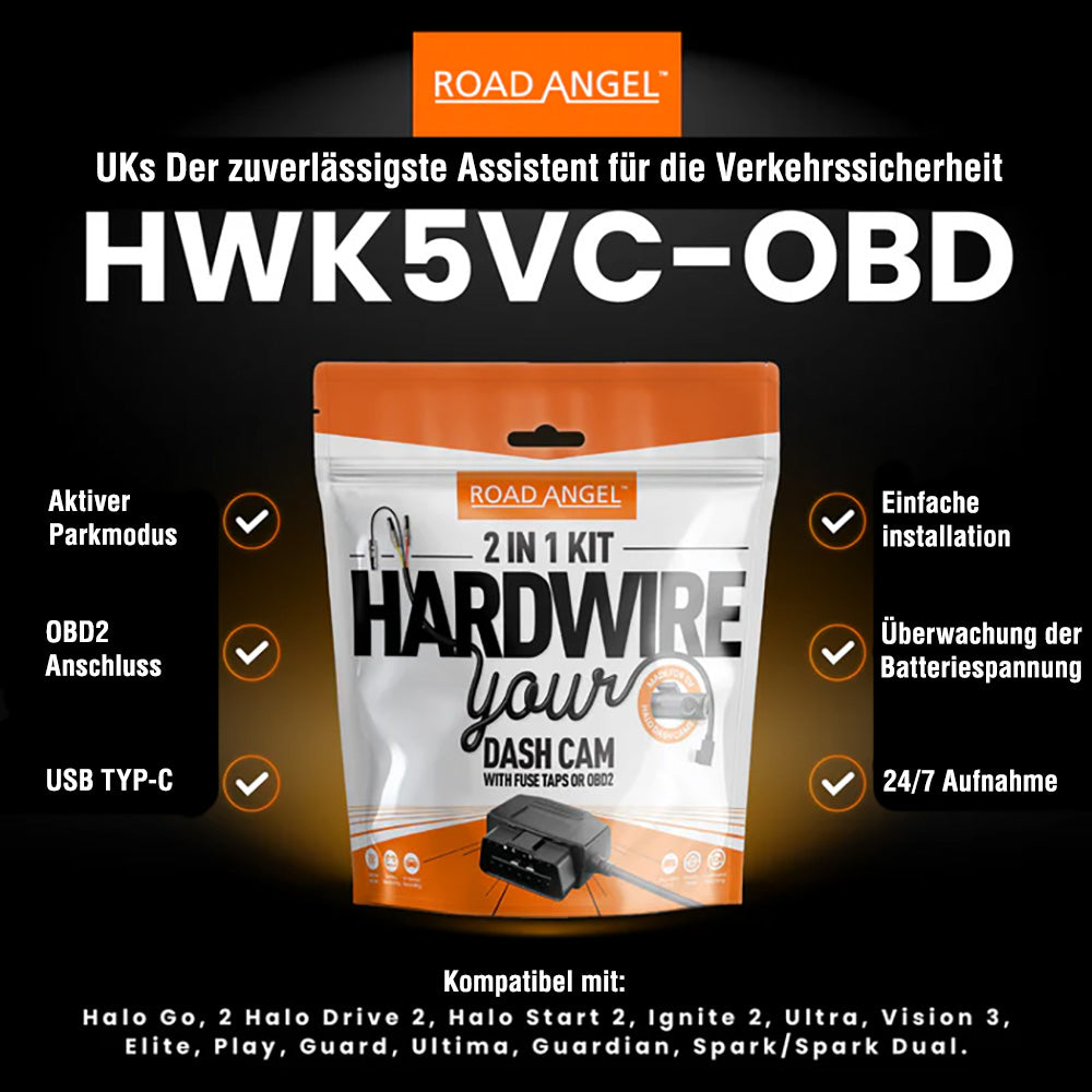 Road Angel Halo Dash Cam 12-24V Festverdrahtungssatz – USB Typ C, OBD 2 Artikel Nr.: HWK5VC-OBD