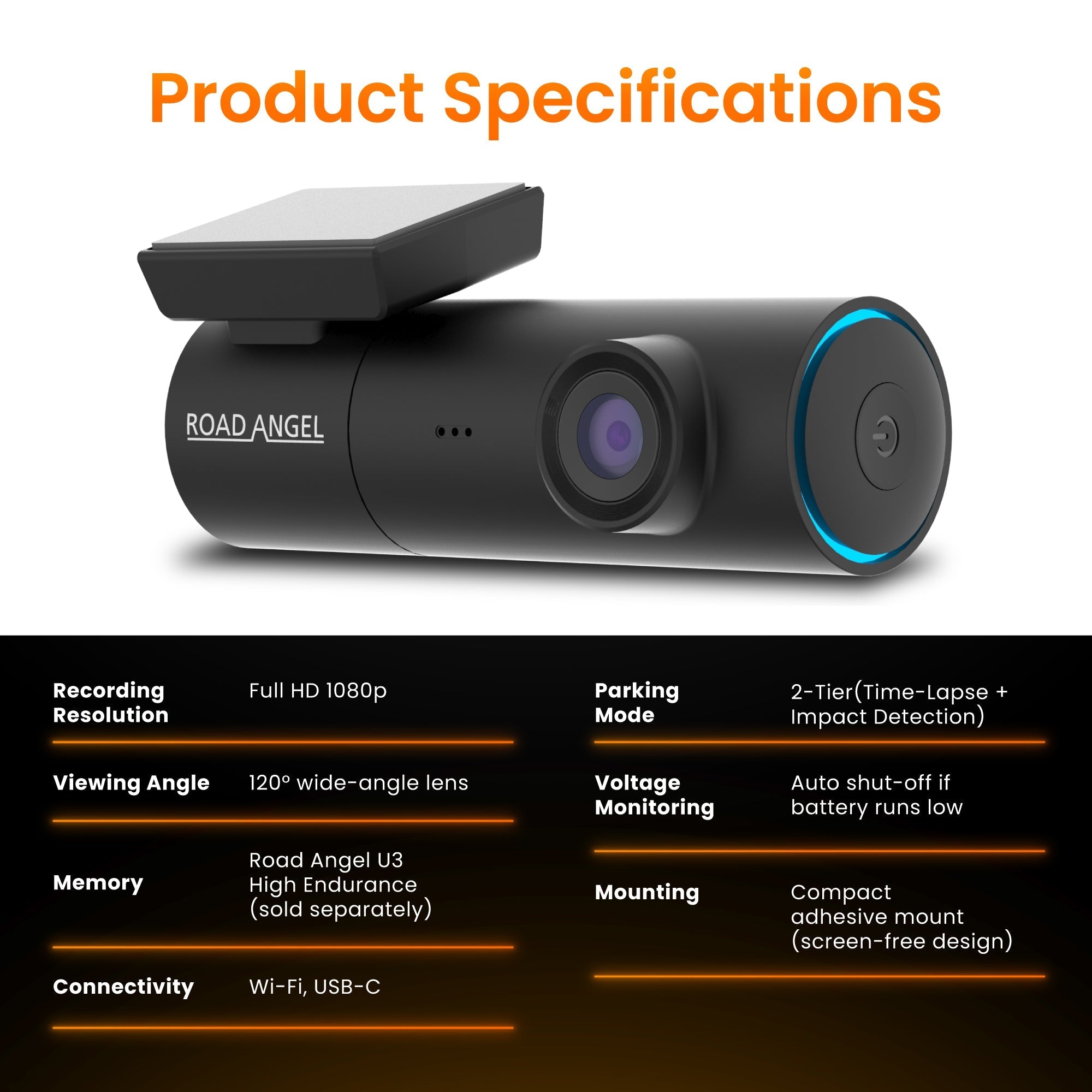 Halo Spark Full HD 1080p Single-Dashcam mit Parkmodus & Wintermodus (USB-C)