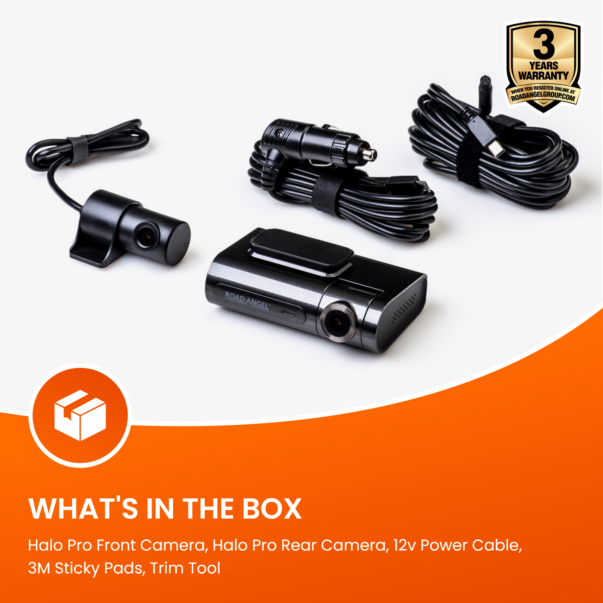 Road Angel Halo Pro Front- & Heck-Dashcam mit SD-Karte & Festverdrahtungssatz im Bundle