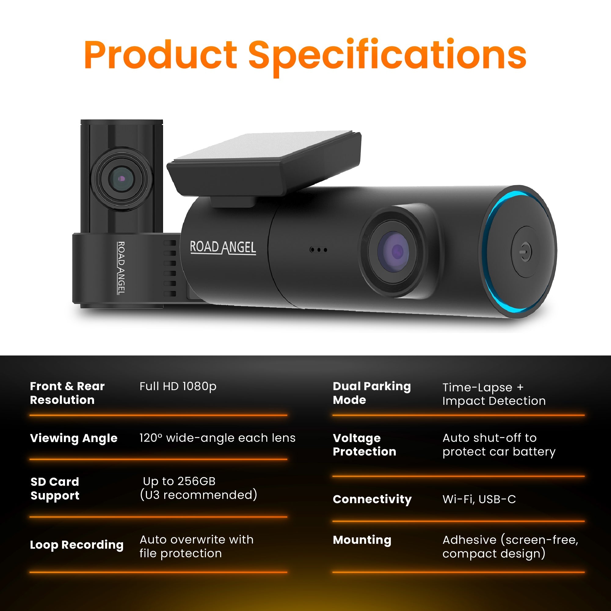 Halo Spark Dual Full HD 1080p Front- & Heck-Dashcam mit Dual-Parkmodus & Wintermodus (USB-C)